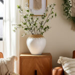 Frankee Vase Pottery Terracotta Woven Rattan Neck 10 Inch Boho Style White Finish Home Office Bedroom Living Room Decor - Image 2