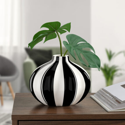 Gelb Black And White Striped Handmade Ceramic Vase (Round 5.5″) - Chic Decora