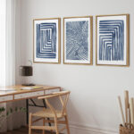 Geometric Line Navy Blue Stripe Abstract Boho Mid-Century Modern Frame Canvas 3 Piece Print Wall Art - Image 8