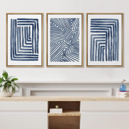 Geometric Line Navy Blue Stripe Abstract Boho Mid-Century Modern Frame Canvas 3 Piece Print Wall Art - Chic Decora