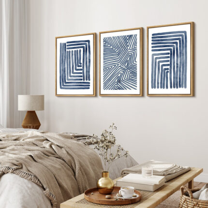 Geometric Line Navy Blue Stripe Abstract Boho Mid-Century Modern Frame Canvas 3 Piece Print Wall Art - Chic Decora