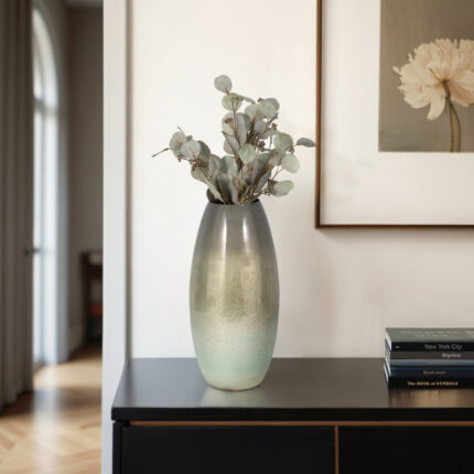 Glass Vase with Modern Boho Glam Style Sleek Iron and Metal Accent Decorative Artisanal Silhouette Handcrafted Contemporary Statement Oval Shape for Living Room Entryway or Shelf Decor - Chic Decora