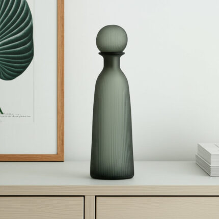 Glass Vase with Vertical Ribbed Detailing and Round Stopper Accent Aligned to Coastal Trend for Modern Decorative Display in Contemporary Interior Settings. - Chic Decora