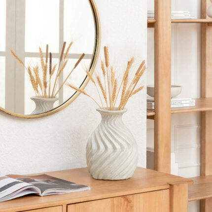 Handcrafted White Bud Shaped Ecomix Vase with Textured Wave-design - Chic Decora