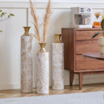 Handmade Ornate Metal Floor Vase, Gold Relief Medallion, Large Tall Flower Vase(Set Of 3) - Image 4