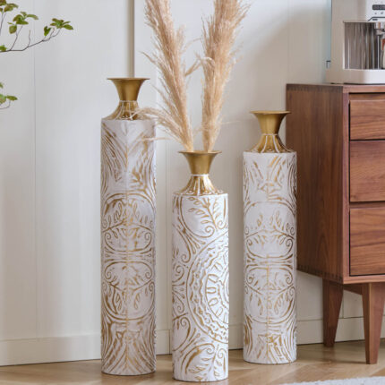Handmade Ornate Metal Floor Vase, Gold Relief Medallion, Large Tall Flower Vase(Set Of 3) - Chic Decora