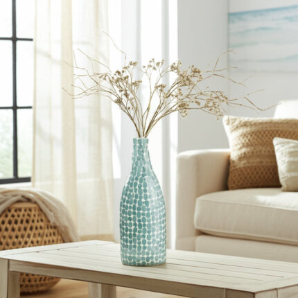 Hatto Textured Glass Vase with Circular Raised Pattern and Narrow Neck for Decorative Display and Modern Accent Styling in Living Room or Entryway Shelf Decor - Chic Decora