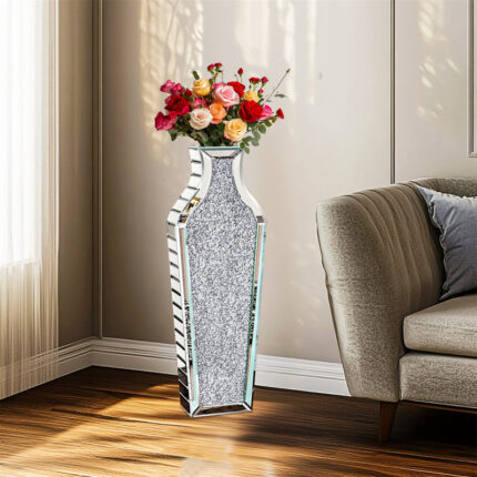 Heavy Duty Tall Crushed Diamond Mirrored Floor Vase Crystal Silver Glass Flower Vase - Chic Decora
