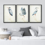 Heron Crane Bird Animals Nautical Decor - Large Framed Canvas Living Room Wall Art Work Set 3 Print