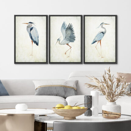 Heron Crane Bird Animals Nautical Decor – Large Framed Canvas Living Room Wall Art Work Set 3 Print - Chic Decora