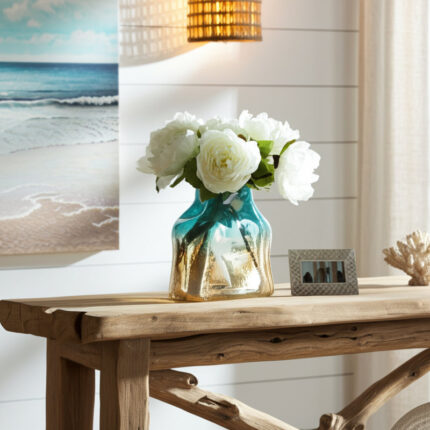 Isolina Beach-Inspired Decorative Glass Vase â€“ Tall Vase and Table Vase for Shelf Decor, Entryway or Mantel Styling â€“ Unique Home Decor Flower Vase Accent â€“ Blue & Tan - Chic Decora