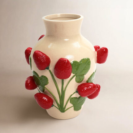 Ivory with Red Strawberries 11-Inch Tall Vase - Chic Decora