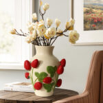 Ivory with Red Strawberries 11-Inch Tall Vase