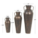 Jazzmun Metal Tall Floor Weathered Amphora Decorative Copper Vase with Hammered Details and Handles Set (Set of 3) - Image 4