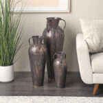 Jazzmun Metal Tall Floor Weathered Amphora Decorative Copper Vase with Hammered Details and Handles Set (Set of 3) - Image 8
