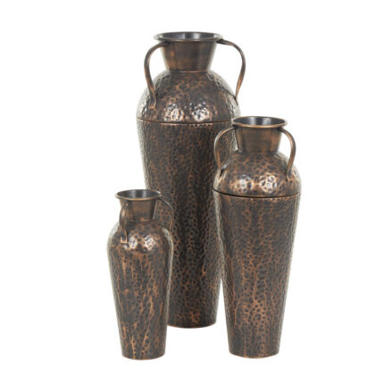 Jazzmun Metal Tall Floor Weathered Amphora Decorative Copper Vase with Hammered Details and Handles Set (Set of 3) - Chic Decora