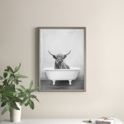 Karnecia Highland Cow in the Tub BW by Amy Peterson – Picture Frame Print on Glass - Chic Decora