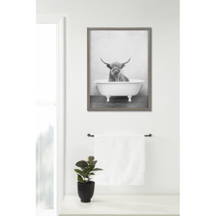 Karnecia Highland Cow in the Tub BW by Amy Peterson – Picture Frame Print on Glass - Chic Decora