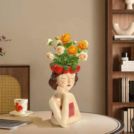 Lady Strawberries Ceramic 11.4-Inch Tall Sculpture Vase - Chic Decora