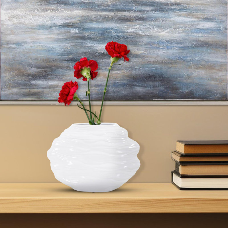 Lamarra Hand Finished Glossy White Ceramic Flowing Wave Vase - Chic Decora