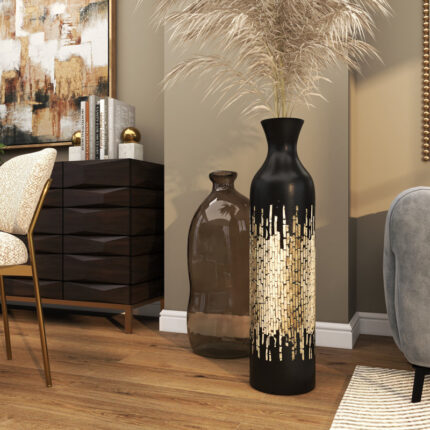 Lansdown Black Capiz Shell Handmade Decorative Vase with Gold Ombre Design, 9" x 9" x 34"