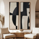 Large Framed Canvas Wall Art Set of 2 - Abstract Mid Century Modern Black And Beige Prints - 60"x20"x2pcs