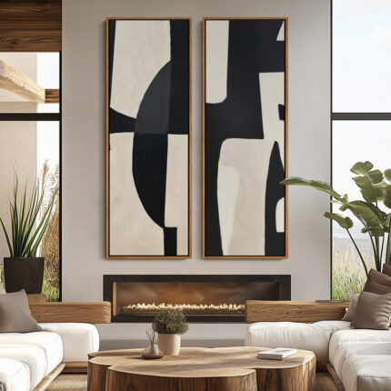 Large Framed Canvas Wall Art Set of 2 – Abstract Mid Century Modern Black And Beige Prints – 60″x20″x2pcs - Chic Decora