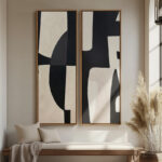 Large Framed Canvas Wall Art Set of 2 - Abstract Mid Century Modern Black And Beige Prints - 60"x20"x2pcs - Image 4