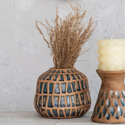 Lavola Debossed Terra-cotta Vase, Natural and Blue - Chic Decora
