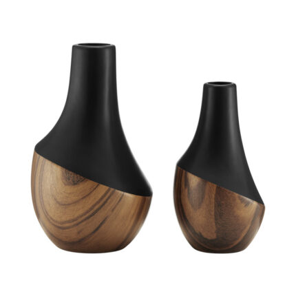 Masanari 2 Piece Gourd Modern Two Tone Tabletop Vase Set – Black And Walnut - Chic Decora