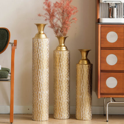 Medhansh 3 Piece Handmade Gold Vase, Tall Metal Floor Vase with Embossed Gold Ivy, Large Flower Vase - Chic Decora