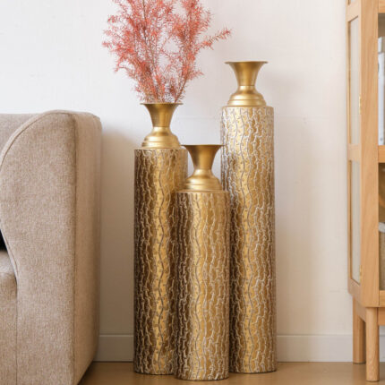 Medhansh 3 Piece Handmade Gold Vase, Tall Metal Floor Vase with Embossed Gold Ivy, Large Flower Vase - Chic Decora