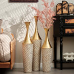 Medhansh Metal Floor Vase (Set Of 3), Tall Large Flower Vase With Tapered Opening & Lattice Weave Texture, Antique Gold Finish - Image 6