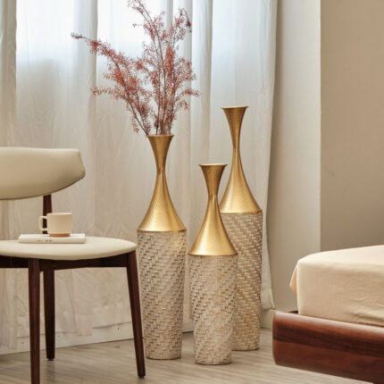 Medhansh Metal Floor Vase (Set Of 3), Tall Large Flower Vase With Tapered Opening & Lattice Weave Texture, Antique Gold Finish - Chic Decora