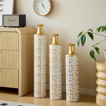Medhansh Metal Floor Vase, Tall Decorative Vase with Gold Twig Pattern, Antique White Finish (Set of 3) - Chic Decora