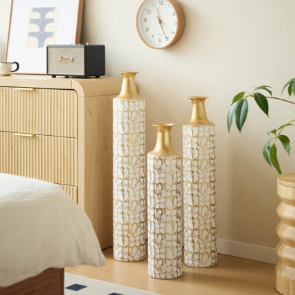 Medhansh Metal Floor Vase, Tall Decorative Vase with Gold Twig Pattern, Antique White Finish (Set of 3) - Chic Decora