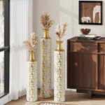 Medhansh Metal Floor Vase, Tall Decorative Vase with Gold Twig Pattern, Antique White Finish (Set of 3) - Image 6