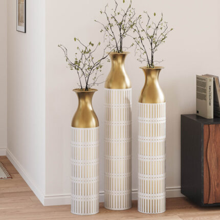 Medhansh White and Gold Floor Vase, Large Metal Floor Vase with Embossed Stripe Pattern, Antique White Finish (Set of 3) - Chic Decora