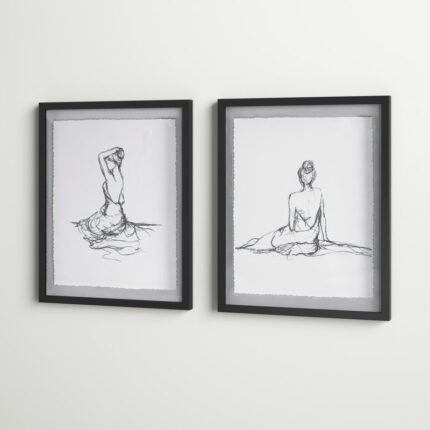 Meisel Feminine Figures Sketch 2-piece Framed Glass and Matted Wall Art Set - Chic Decora
