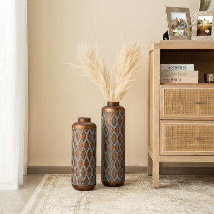 Metal Antique Gold Cylinder Floor Vases With Verdigris Finish (Set of 2) - Chic Decora