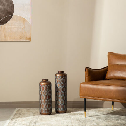 Metal Antique Gold Cylinder Floor Vases With Verdigris Finish (Set of 2) - Chic Decora