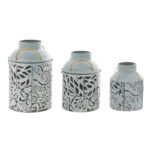 Metal Embossed Floral Decorative Blue Vase with Gold Handles Set - Image 8