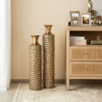 Metal Gold Embossed Floor Vases With Verdigris Finish (Set of 2) - Image 3