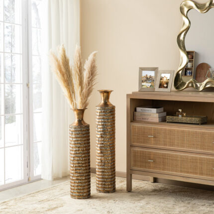 Metal Gold Embossed Floor Vases With Verdigris Finish (Set of 2) - Chic Decora