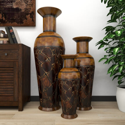 Metal Indoor Outdoor Tall Floor Bottleneck Decorative Vase with Bubble Texture and Studs - Chic Decora