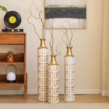 Metal Tall Floor Vase with Golden Blossom Vine Pattern, Large Flower Vase, Gold Vase (Set Of 3) - Chic Decora