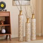 Metal Tall Floor Vase with Golden Blossom Vine Pattern, Large Flower Vase, Gold Vase (Set Of 3)