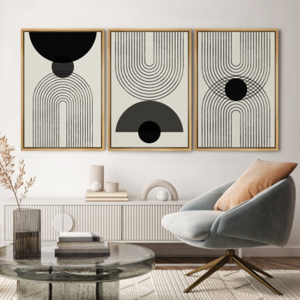 Mid-Century Modern Black And White Minimalist Abstract Home Decor Framed Wall Art Work Canvas Print - Chic Decora