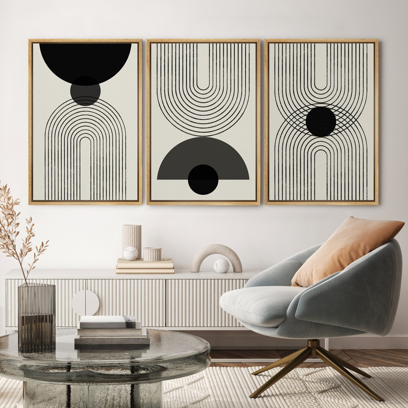 Mid-Century Modern Black And White Minimalist Abstract Home Decor Framed Wall Art Work Canvas Print - Image 1