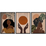 Mid Century Modern Boho " African American Stylish Black Woman Female Portrait Mid-Century Modern Boho Abstract Jungle Plant " 3 - Pieces - Image 5